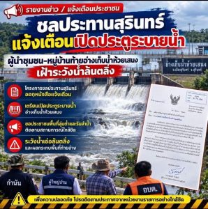 สุรินทร์-ชลประทานสุรินทร์เปิดประตูระบายน้ำทั้งสองบาน ๆ ละ20 ซม.เพื่อพร่องน้ำออกไม่มีผลกระทบต่อพื้นที่การเกษตรของชาวบ้าน